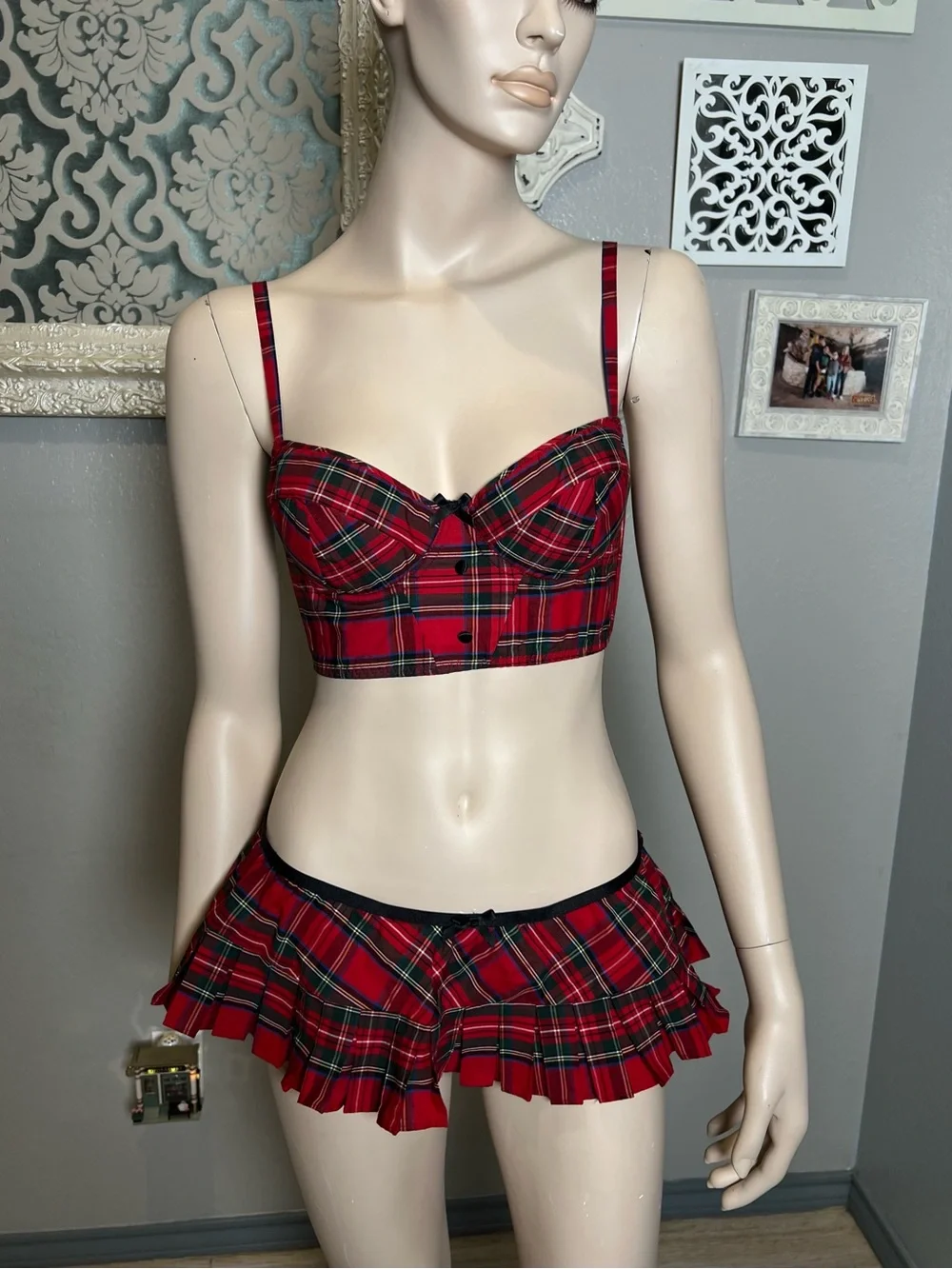 Frederick's of Hollywood Red Plaid Bustier Crop Top & Pleated Mini Skirt Set